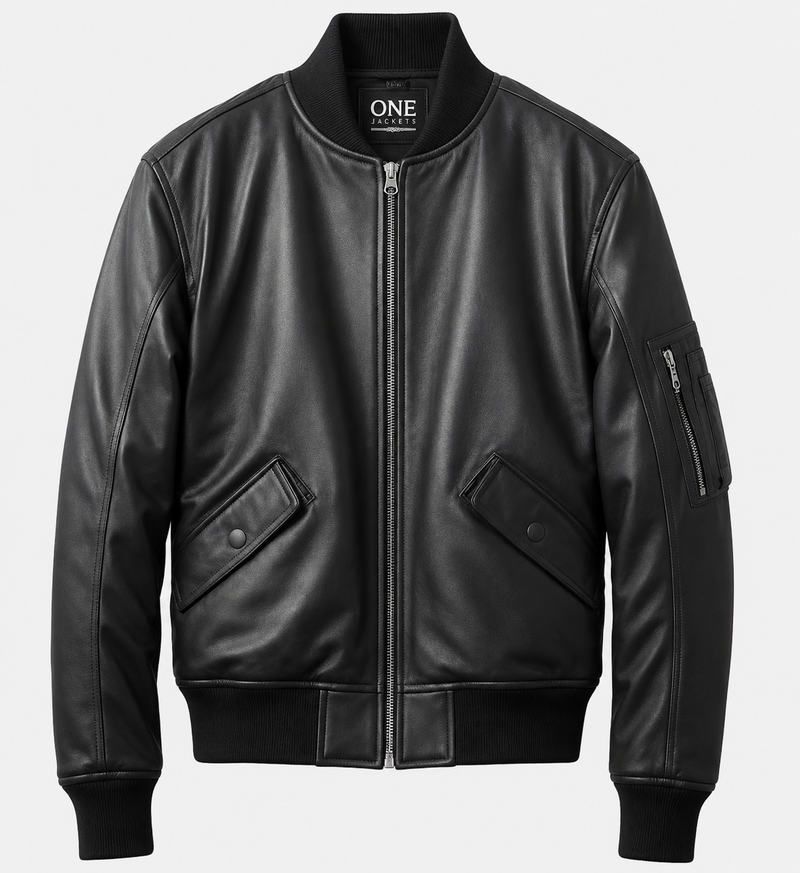 Black Bomber Leather Jacket for Men