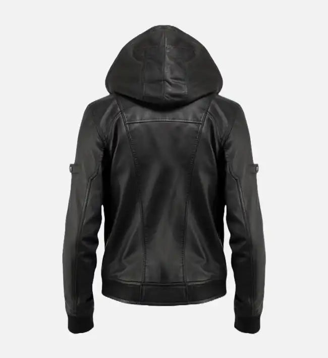 black hooded leather mens jacket