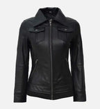 black leather jacket with hood for women
