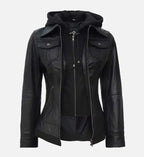 Womens leather jacket black with hood
