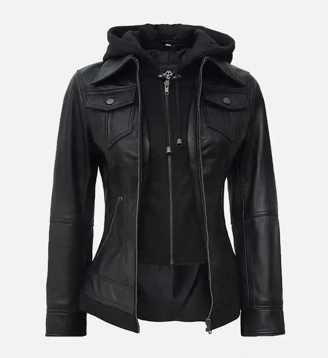 Womens leather jacket black with hood
