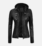 black leather jacket for women with removable hood
