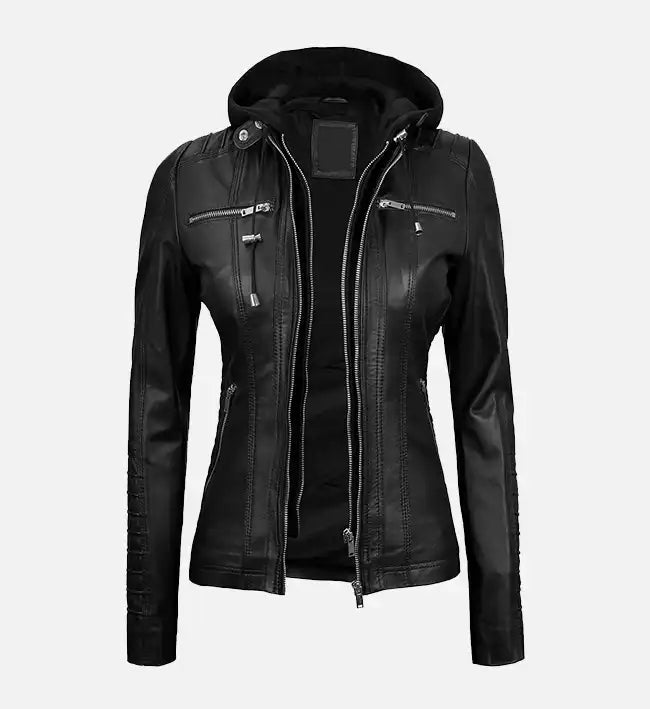 black leather jacket for women with removable hood
