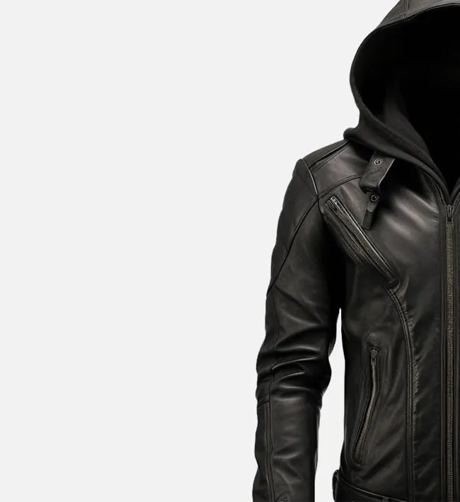 black leather jacket with hood for men