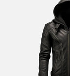 black leather jacket with hood for men