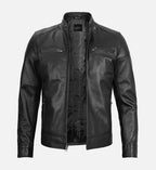 black leather jacket with removable hood for men