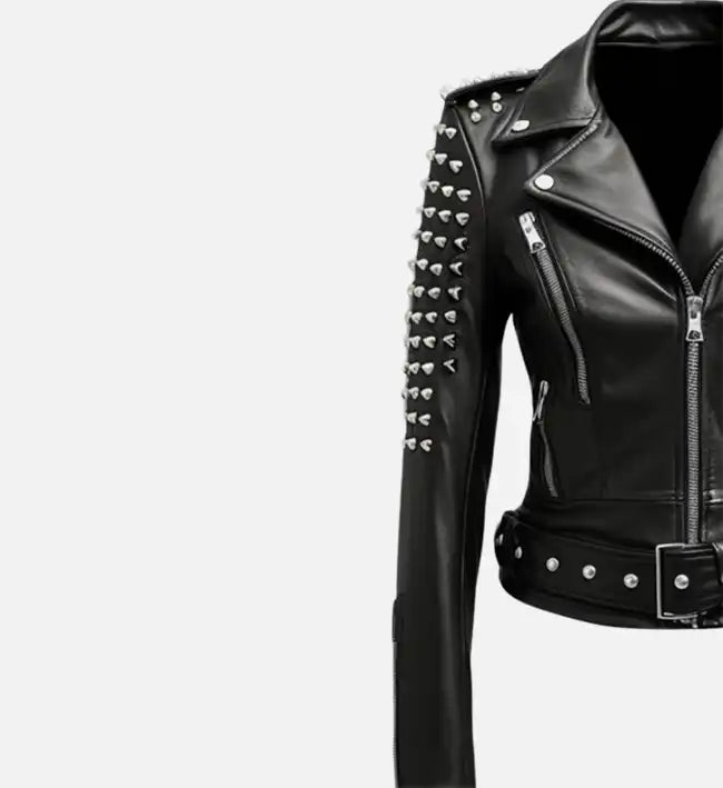 black leather stud biker jacket for women
