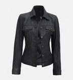 black leather trucker jacket for women
