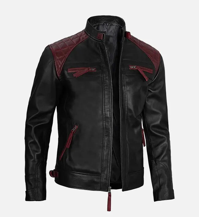 black maroon leather cafe racer jacket for men