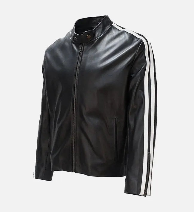 black white cafe racer leather jacket for men