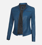 womens biker blue cafe racer jacket
