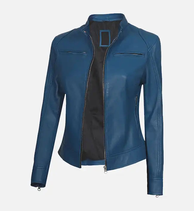 womens biker blue cafe racer jacket
