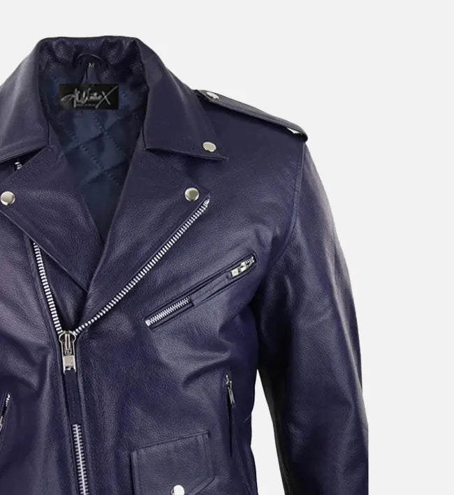 mens blue runway biker leather jacket