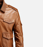 brown bomber leather jacket with strap pockets for men