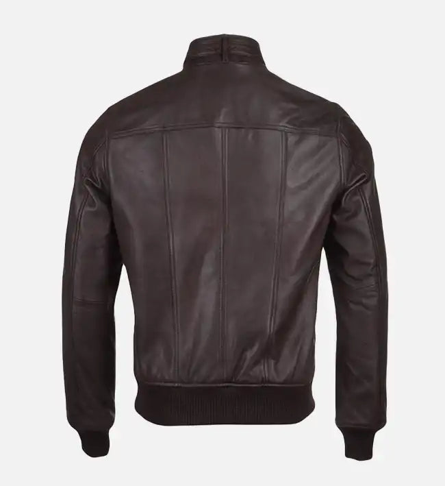 brown leather bomber jacket with snap double button collar for men
