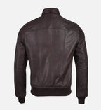 brown leather bomber jacket with snap double button collar for men
