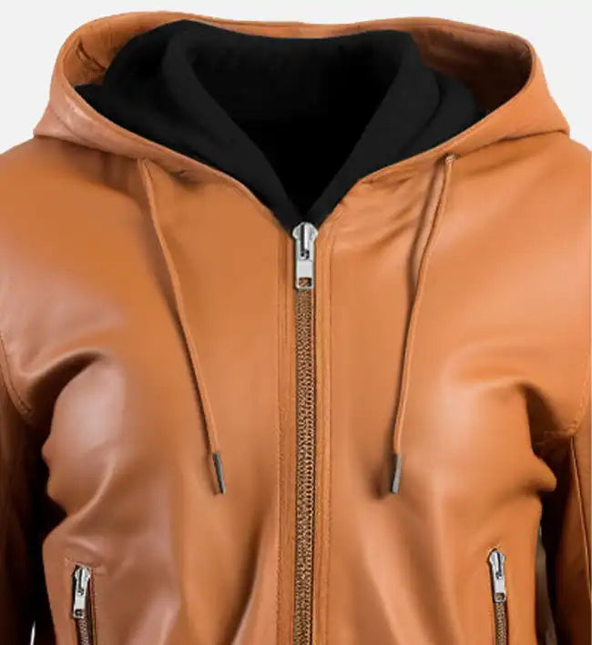 brown leather jacket for women with hood
