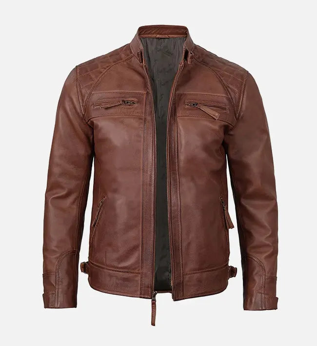brown leather slim fit jacket for men