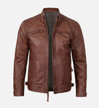 brown leather slim fit jacket for men
