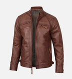 brown leather slim fit jacket for men