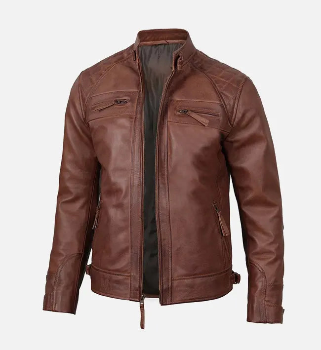 brown leather slim fit jacket for men