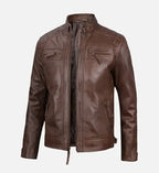 brown cafe racer quilted shoulder leather jacket for men
