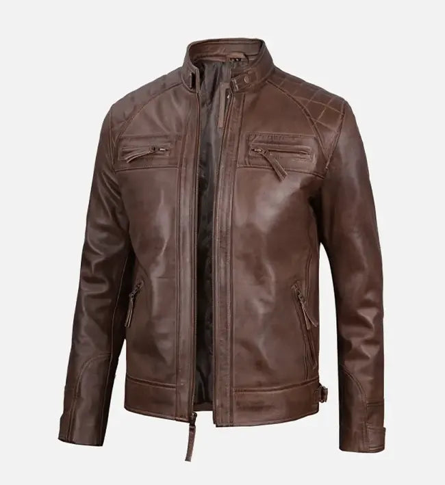 brown cafe racer quilted shoulder leather jacket for men
