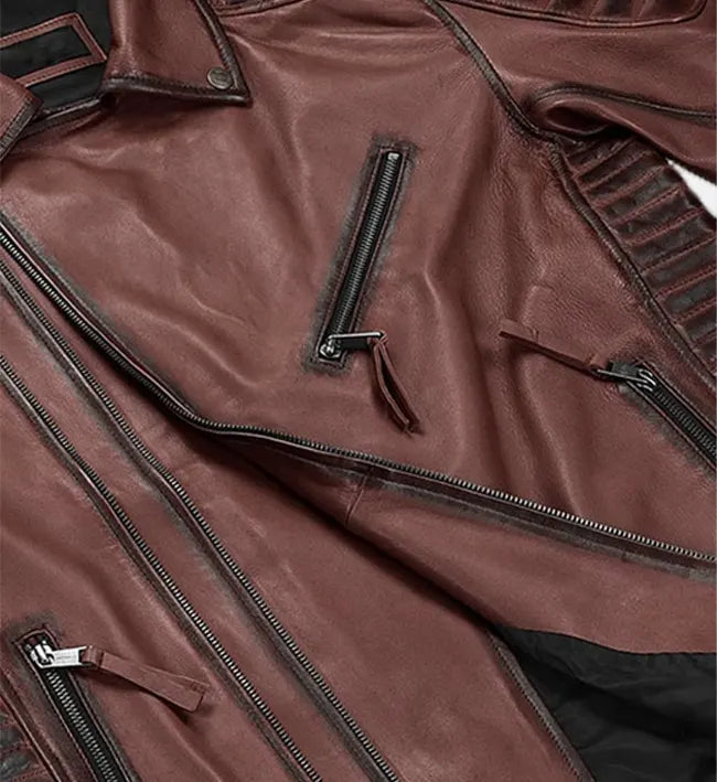 burnt maroon biker leather jacket for men