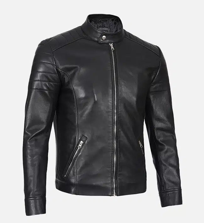 classic black leather cafe racer jacket for men
