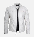 classic white biker leather jacket for men