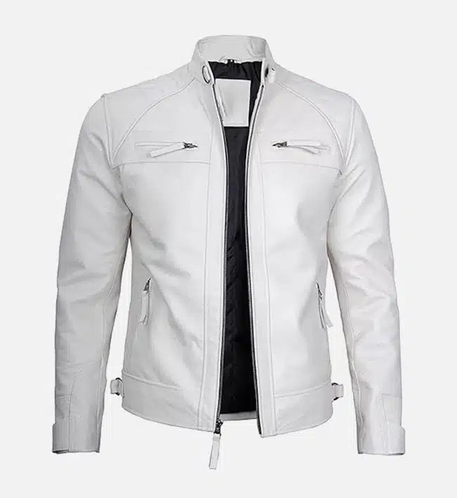 classic white biker leather jacket for men