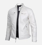 classic white biker leather jacket for men