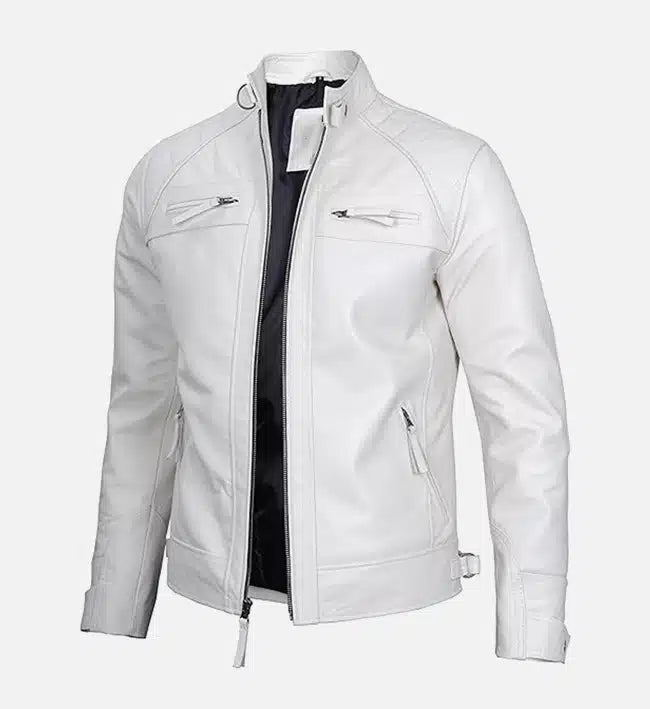 classic white biker leather jacket for men