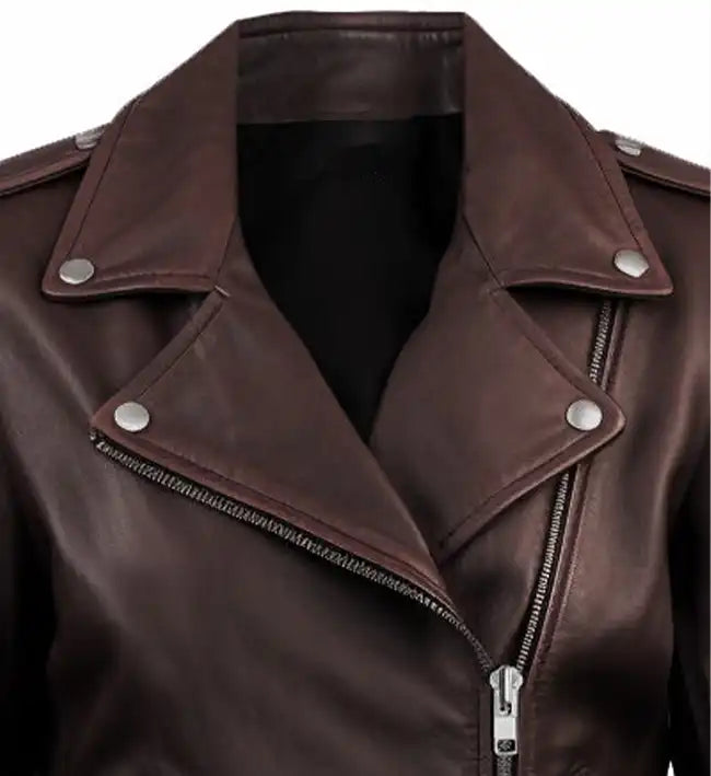 dark brown biker leather jacket for women
