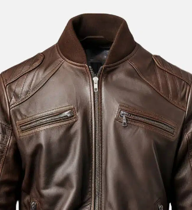 dark brown bomber leather jacket for men
