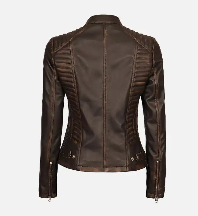 dark brown cafe racer rub off leather jacket for women
