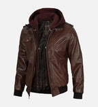 dark brown leather bomber jacket with hood for men