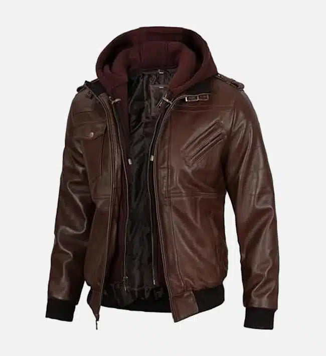 dark brown leather bomber jacket with hood for men