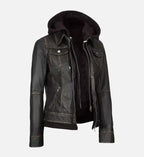 womens leather jacket dark brown with hood

