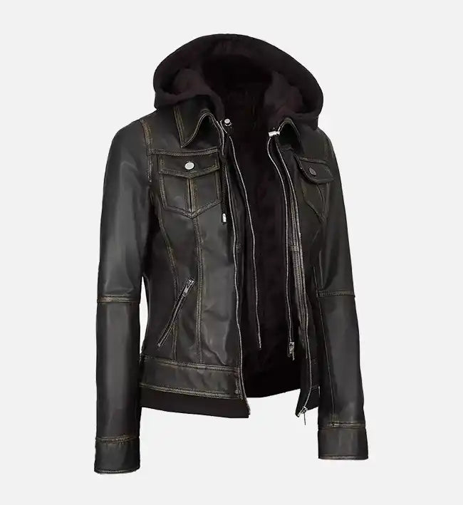 womens leather jacket dark brown with hood
