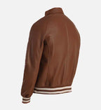 dark brown leather varsity jacket for men