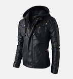 detachable hoodie black biker leather jacket for men