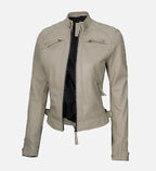 diamond cafe racer beige leather jacket for womens
