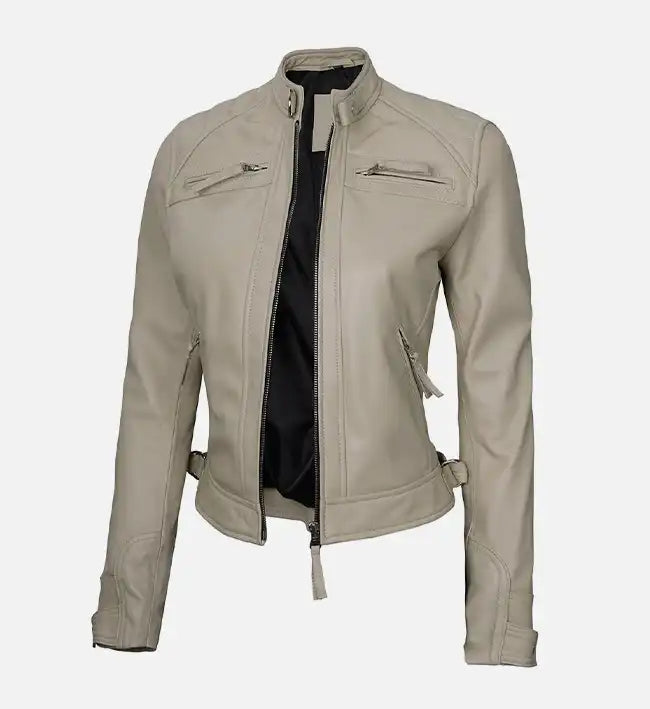 diamond cafe racer beige leather jacket for womens
