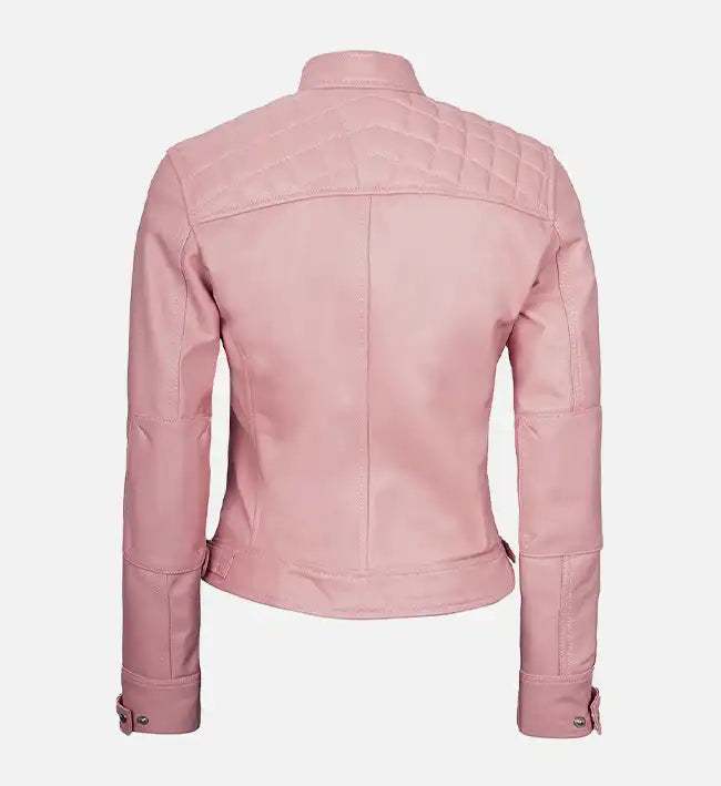 diamond cafe racer pink leather jacket for womens
