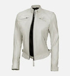 diamond moto style  leather white jacket for womens
