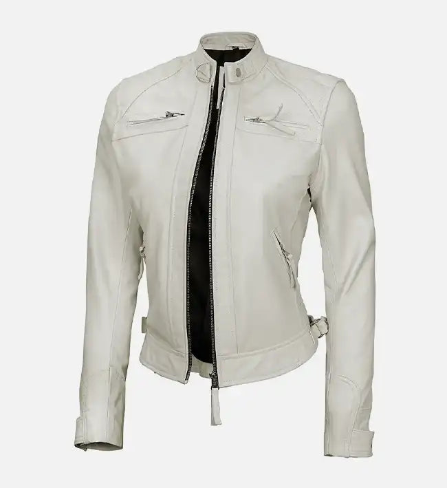 diamond moto style  leather white jacket for womens
