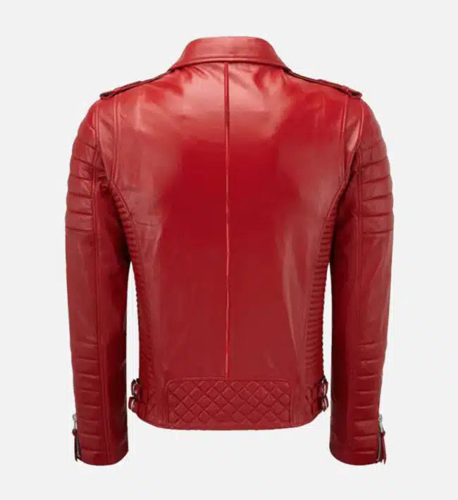 diamond quilted red biker leather jacket for men