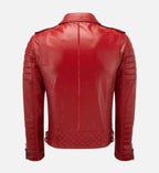 diamond quilted red biker leather jacket for men