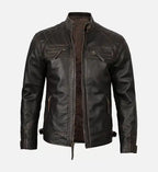 distressed brown cafe racer leather jacket for men